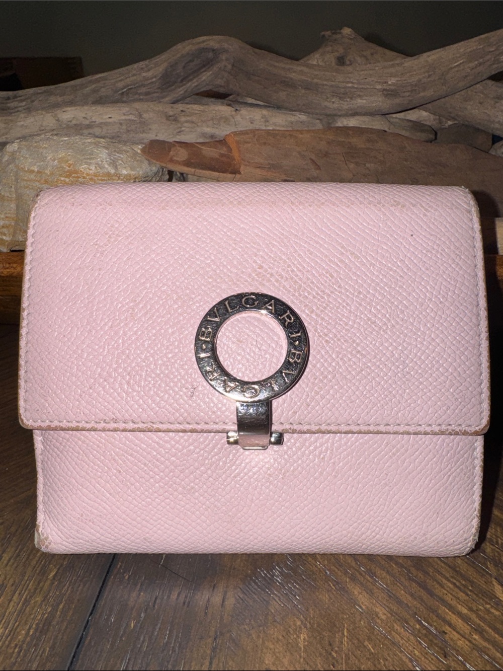 Bulgari Blush Pink Textured Leather Wallet with Signature Ring Clasp